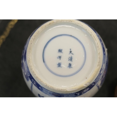 97 - Pair of Chinese blue and white jars, Kangxi mark and possibly of the period, ovoid form decorated wi... 