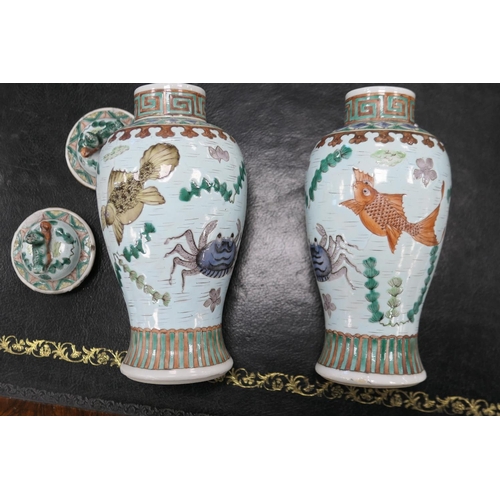 107 - Pair of Chinese lidded baluster vases, late 19th/early 20th Century, unusually decorated with sea cr... 