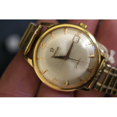 345 - Omega gold plated gent's automatic wristwatch, circa 1965, 28mm champagne coloured pan dial with bat... 