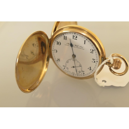 320 - George V 9ct gold hunter pocket watch, Birmingham 1929, white enamelled dial with Arabic numerals, s... 