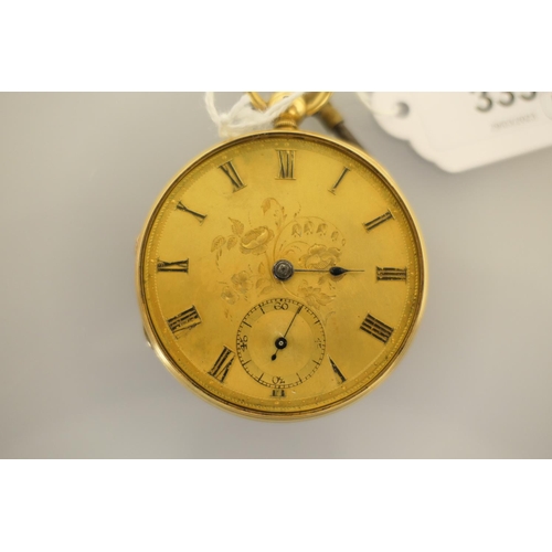 333 - Victorian 18ct gold open faced pocket watch, London 1851, the case foliate chased on the back cover,... 