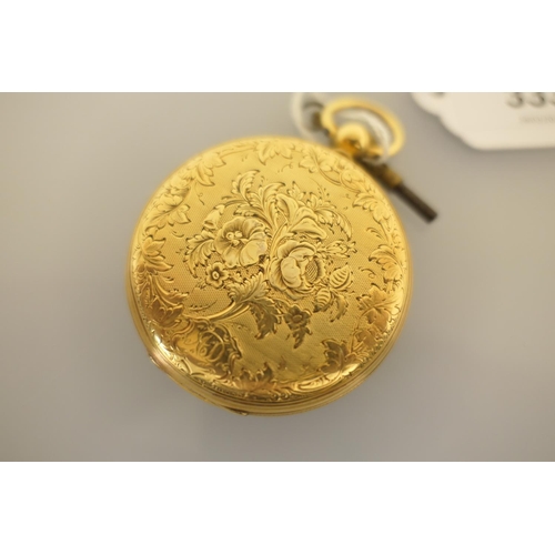 333 - Victorian 18ct gold open faced pocket watch, London 1851, the case foliate chased on the back cover,... 