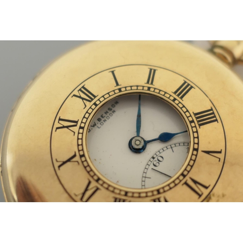 374 - 9ct gold half hunter pocket watch by J W Benson, London, hallmarked Birmingham 1930, the outer case ... 