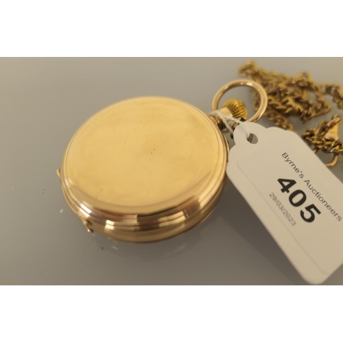 405 - George V 9ct gold hunter pocket watch, Chester 1925, plain case, white enamelled 42mm dial with cent... 