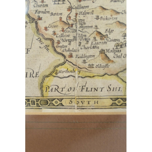 524 - John Speed, The Countye Palatine of Chester, hand coloured map, published 1662, 39cm x 51cm, glazed ... 