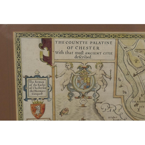 524 - John Speed, The Countye Palatine of Chester, hand coloured map, published 1662, 39cm x 51cm, glazed ... 