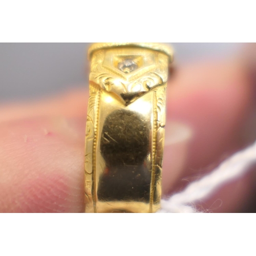 398 - Edwardian 18ct gold and diamond belt ring, set with two small round cut diamonds, size R, gross weig... 