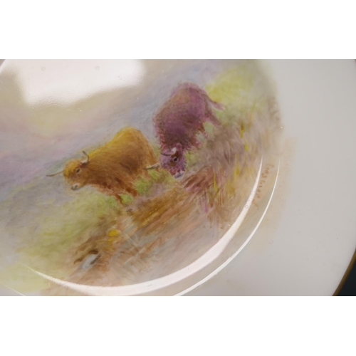 90 - Pair of Royal Worcester saucers, decorated by Harry Stinton with highland cattle within a gilt edged... 