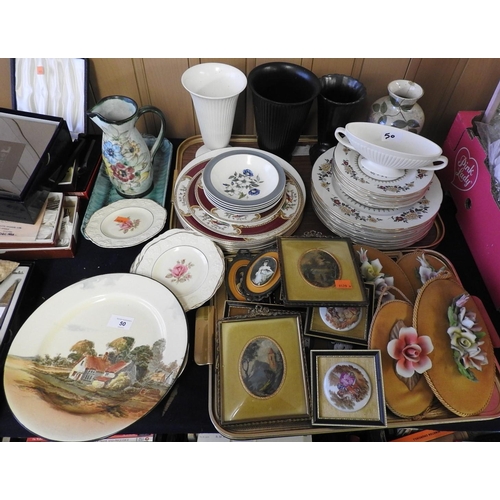 50 - Assorted ceramics including bone china dinner plates, Wedgwood vases, decorative miniature style wal... 