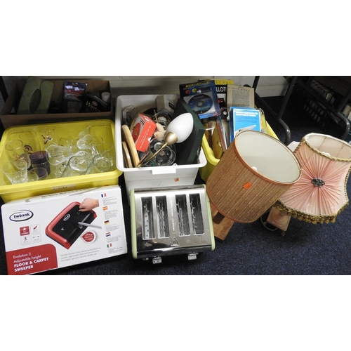 68 - Assorted household items including Swan toaster, bread basin, mixed glassware, four table lamps and ... 