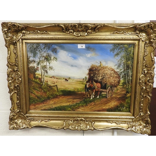 74 - Gilt framed oil painting 'The harvest wagon', indistinctly signed