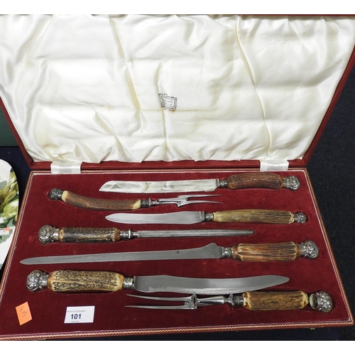 101 - Victorian antler handled carving set, retailed by Harrods