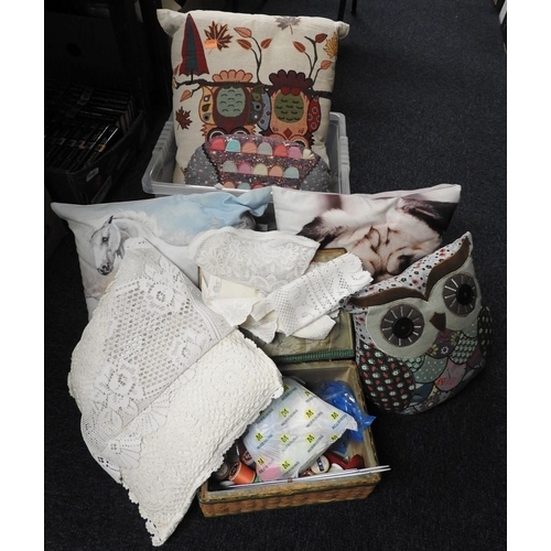 103 - Cushions, fabrics and sewing box