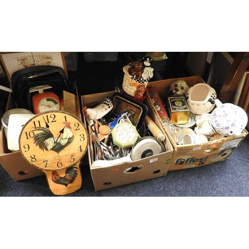 109 - Assorted kitchen wares including some vintage items, ceramics, treen and metal wares (3 boxes)