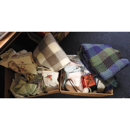 88 - Tweedmill blanket, embroidered table linens, box of mixed ladies' lingerie (2)