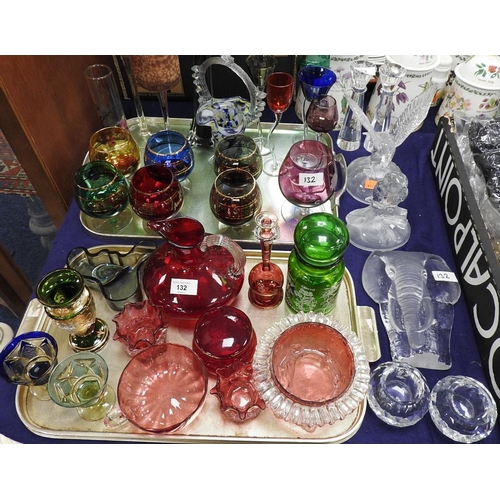 132 - Mixed glassware including Victorian cranberry and other coloured items, moulded glass ornaments etc.