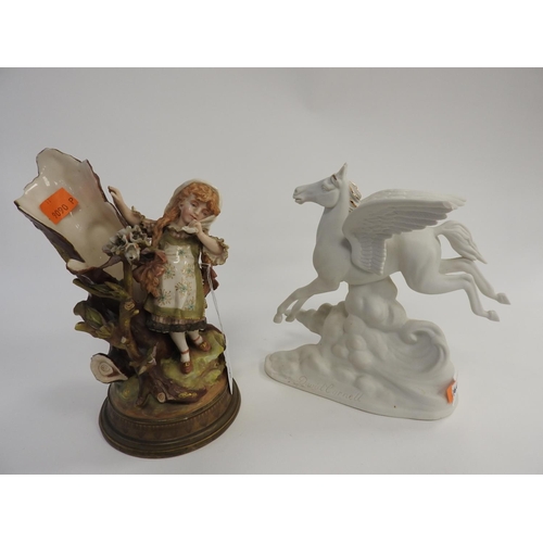 160 - Continental figural vase and a David Cornell porcelain model of Pegasus (2)