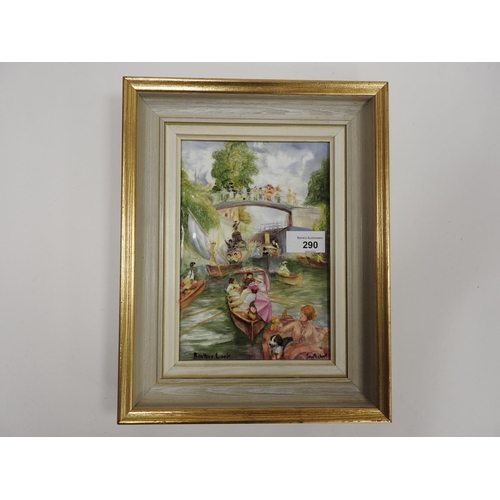 290 - John Michael painted china plaque, Boater's Lock, signed and titled, framed, 22cm x 15cm