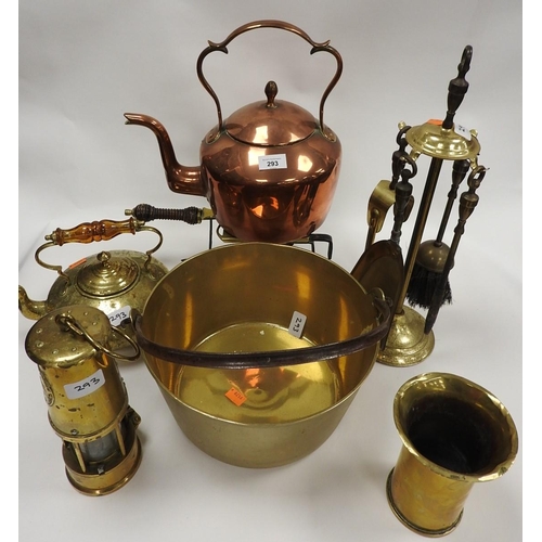 293 - Victorian copper kettle, Victorian brass preserve pan, brass kettle, miner's lamp, companion stand e... 