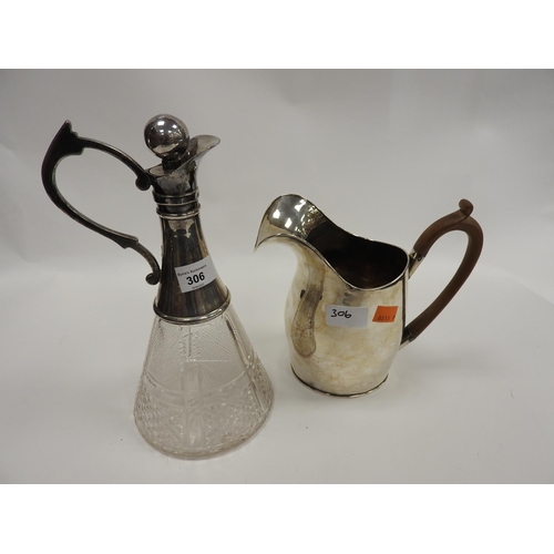 306 - Edwardian cut glass claret jug with silver plated mount and stopper; also a silver plated water jug ... 