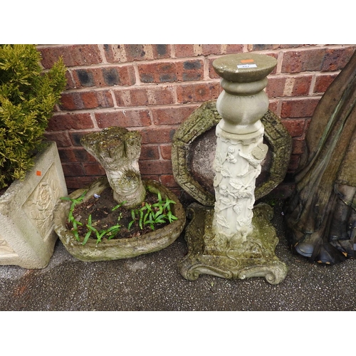 457 - Reconstituted stone pedestal bird bath; also a trough with tree trunk embellishment (2)