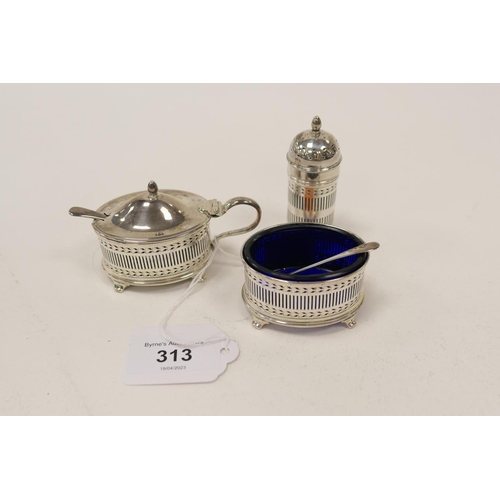 313 - George VI silver three piece condiment, hallmark Birmingham 1941/42, comprising pepper pot, salt cel... 