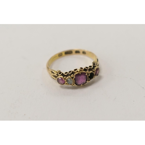 391 - Victorian 15ct gold gem set ring (one stone deficient), hallmark Birmingham 1865, ring size L, weigh... 