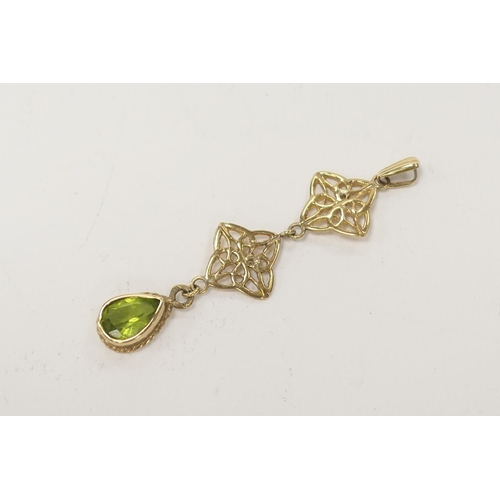 398 - 9ct gold and peridot pendant, 50mm drop, gross weight 2.8g