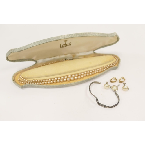 414 - Pair of 9ct gold earrings, 1.8g, silver bangle, simulated pearls and earrings