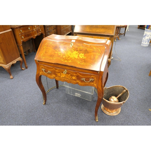 744 - Italian walnut and marquetry bureau de dame, width 78cm, height 94cm