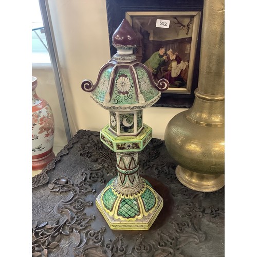 177 - Chinese famille verte glazed biscuit pagoda stand and cover,  height 42.5cm