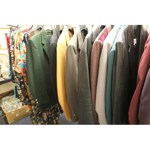 109 - Gent's leather jackets, sports jackets, formal wear, mostly 'Large'; also silk embroidered waistcoat... 