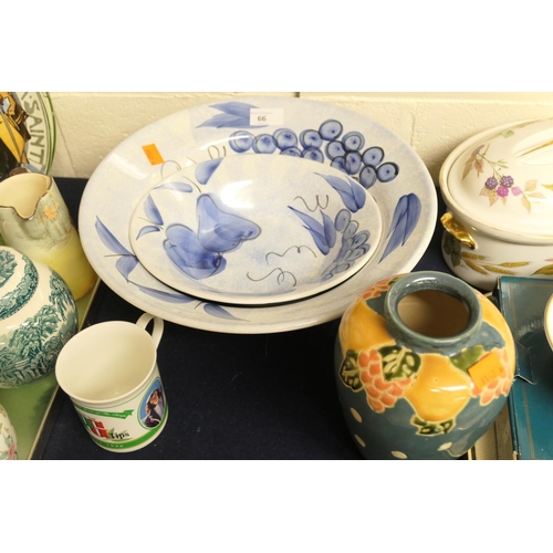 66 - Italian hand decorated blue glazed fruit bowls, decorative vase and a mug