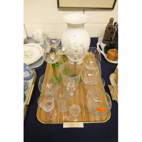 71 - Decorative pottery vase, hock glasses, brandy balloons etc.