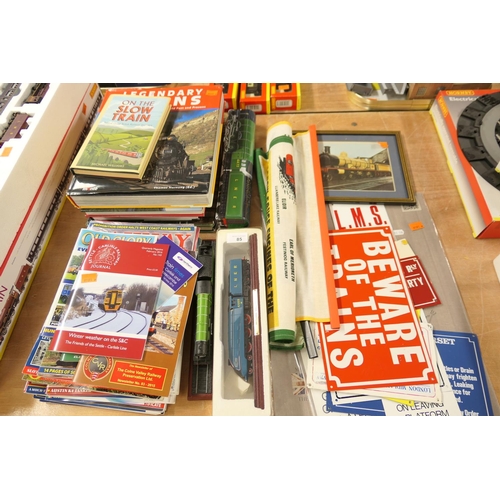 85 - Model railway memorabilia including books, tea towel hangings, reproduction signage and two models