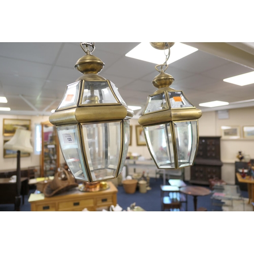 120 - Pair of brass and bevelled glass hall lanterns