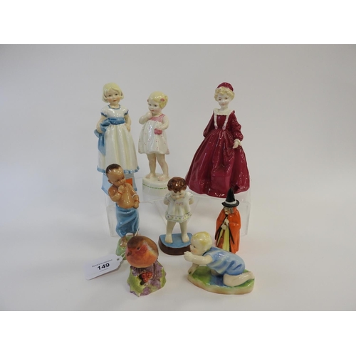 149 - Five Royal Worcester Doughty figures comprising 'Tommy', 'Burman', 'Only Me', 'Grandmother's Dress' ... 