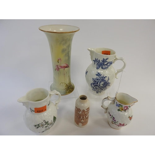 155 - Three Royal Worcester cabbage leaf mask jug, also a Royal Worcester vase decorated with flamingoes (... 