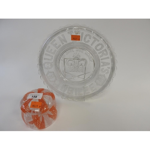 158 - Queen Victoria's Golden Jubilee moulded glass plate, also a late 1950s orange and white latticino de... 