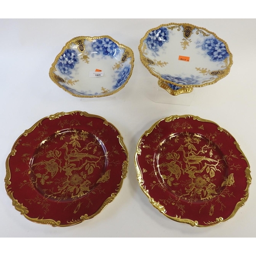 185 - Pair of Coalport Asiatic Pheasant gilded red ground plates, a Limoges flow blue comport and matching... 