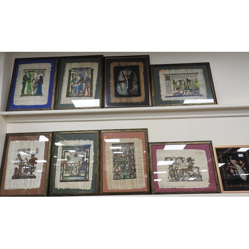 188 - Collection of Egyptian papyrus souvenir paintings, and an Indian embroidered peacock panel