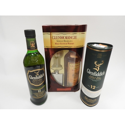 201 - Glenmorangie Malt Scotch Whisky presentation pack with hip flask and glass, also Glenfiddich 12 y.o.... 