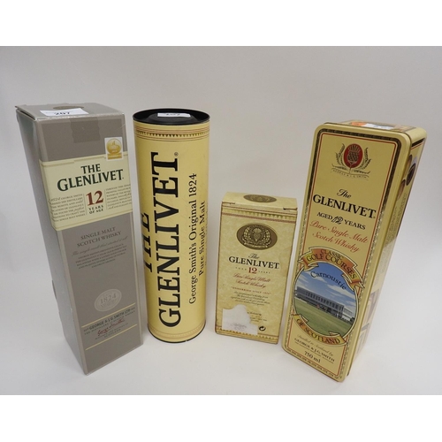 207 - The Glenlivet 12 y.o. Malt Scotch Whisky comprising three bottles (2 boxed, 1 tin), and a half bottl... 