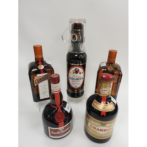 212 - Cointreau, 2 x 1 litre bottles, also Drambuie, 1 litre, Grand Marnier Cognac liqueur and Negrita Bar... 