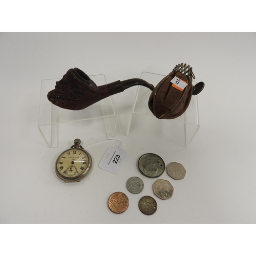 223 - Carved briar pipe, sportsman's pocket watch, leather purse, small number of coins