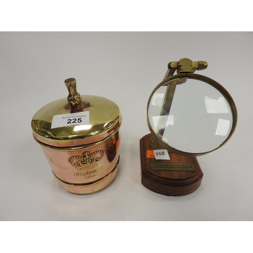 225 - Elizabeth II coronation commemorative copper and brass tea canister, also a mariner's style table ma... 