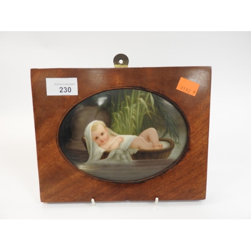 230 - Continental porcelain plaque 'Moses floating in a basket', 17cm x 12.5cm, mounted in a mahogany fram... 