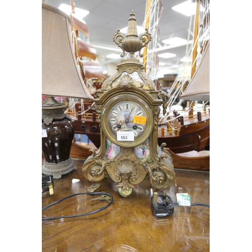 502 - French ormolu and porcelain mantel clock, height 45cm