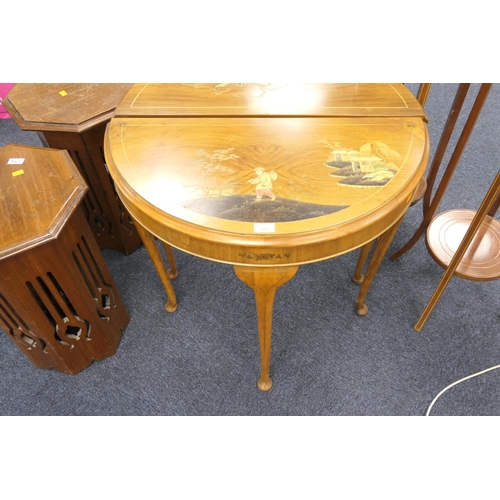 508 - Chinoiserie lacquered walnut demi-lune hall table, width 76cm