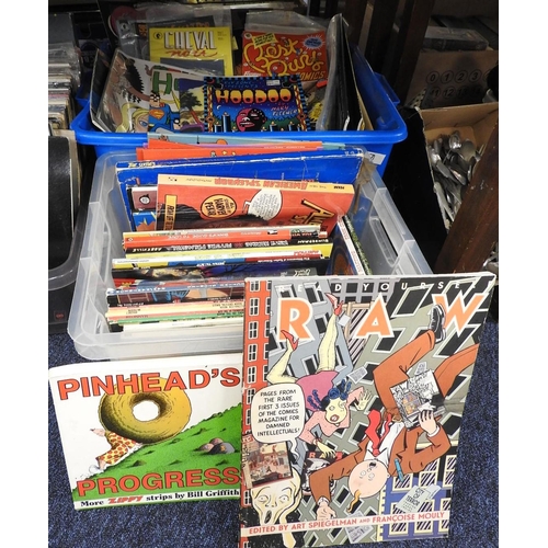 71 - Box of paperback comic strip books including Pinheads Progress; also a further box of mixed comic st... 